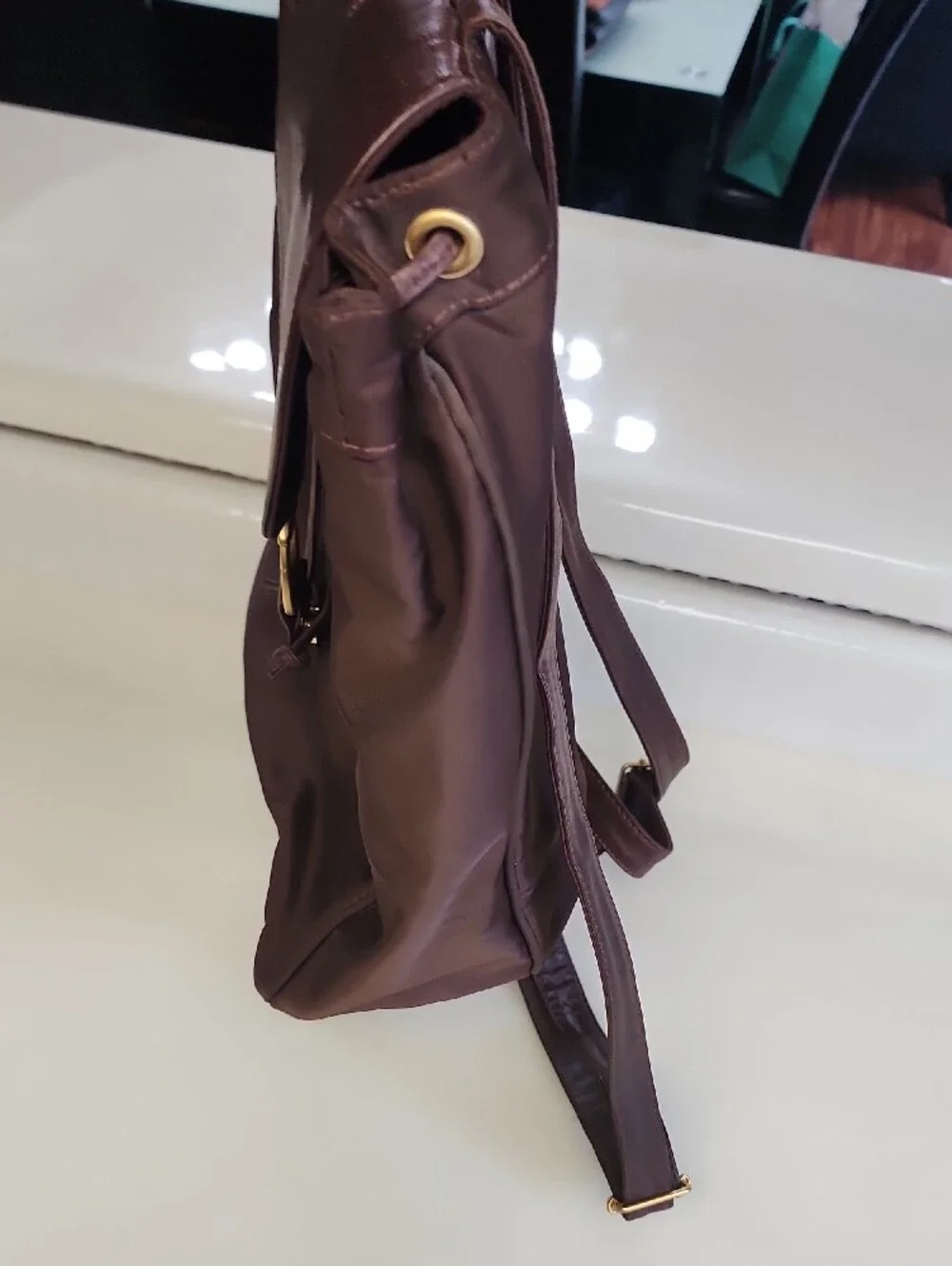 Saks Fifth Avenue Brown Nylon & Leather Drawstring Backpack